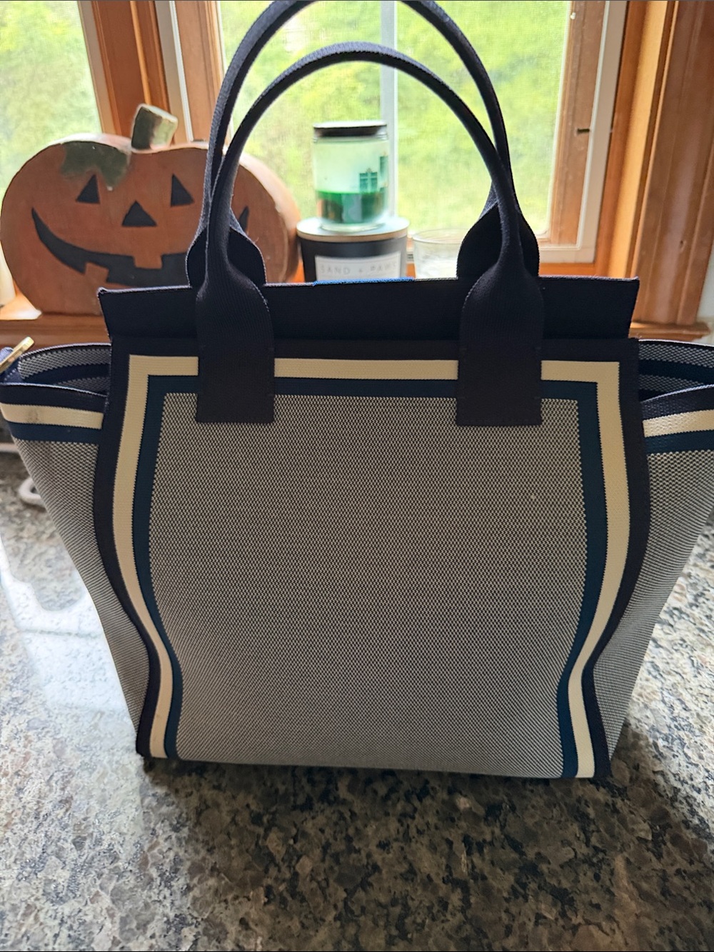 Rothy's Navy and Cream Canvas Tote with Dark Blue Trim